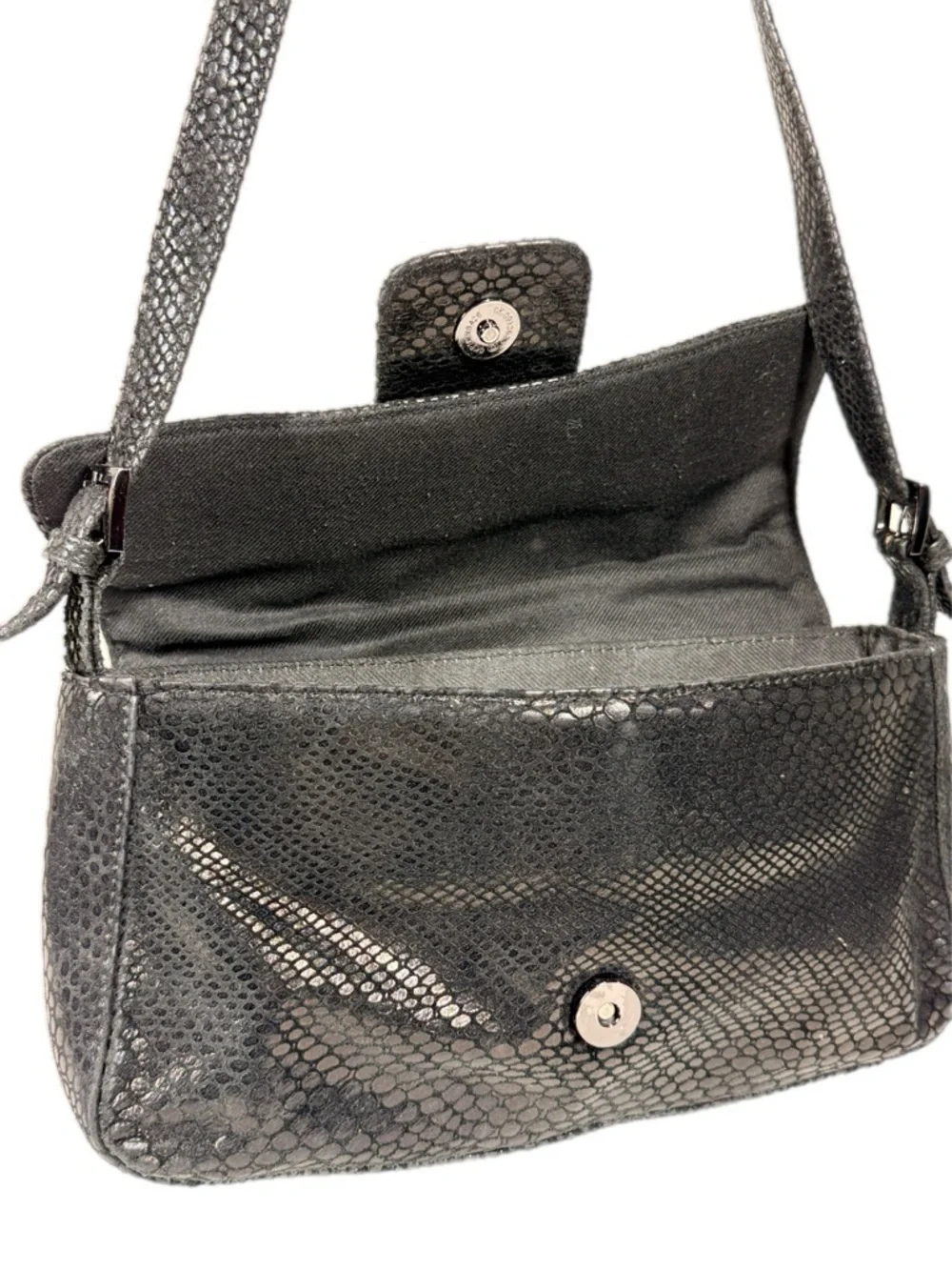 Studio Imports | Textured Black Shoulder Bag Flap Closure Snakeskin print